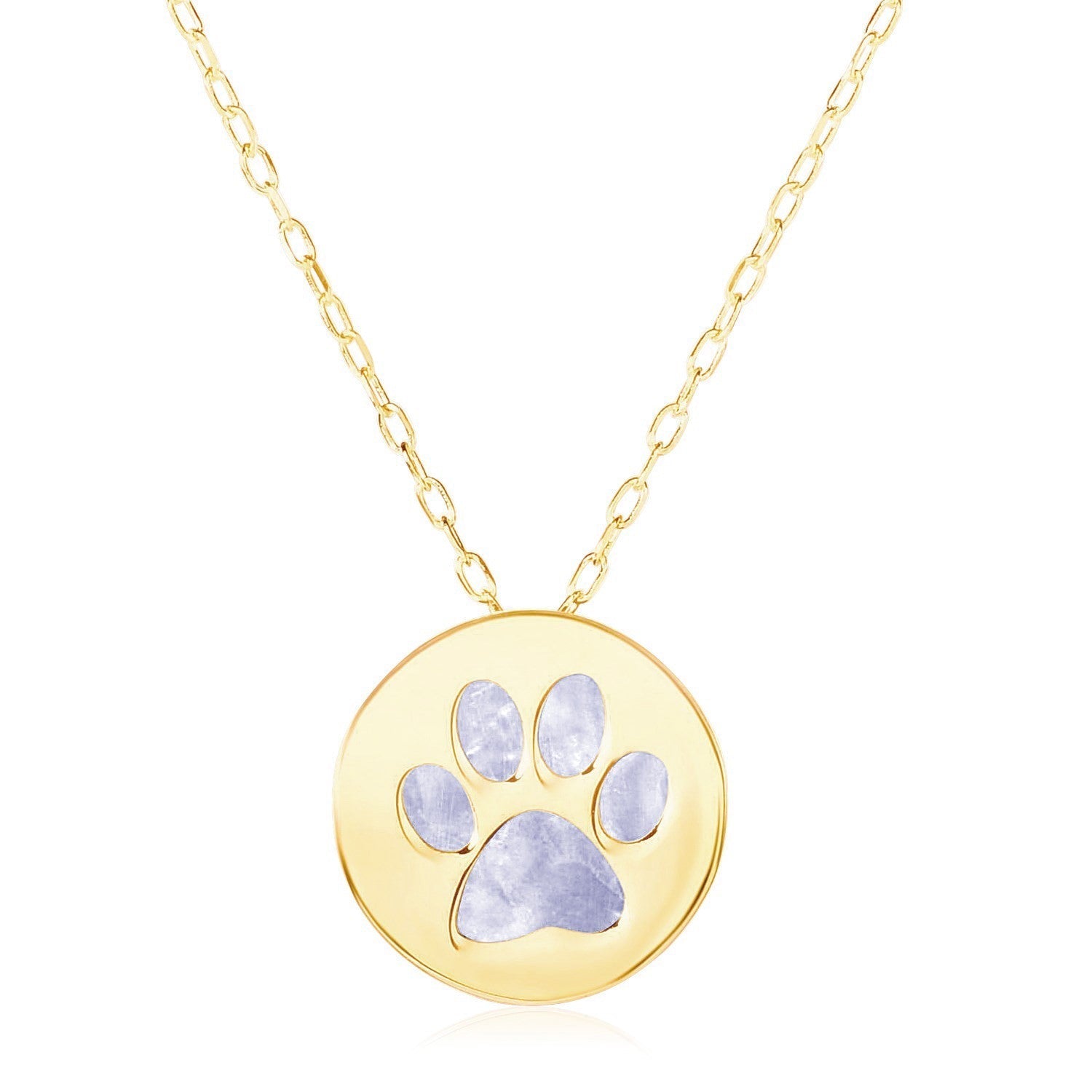 14k Yellow Gold Necklace with Dog Paw Print Symbol in Mother of Pearl 