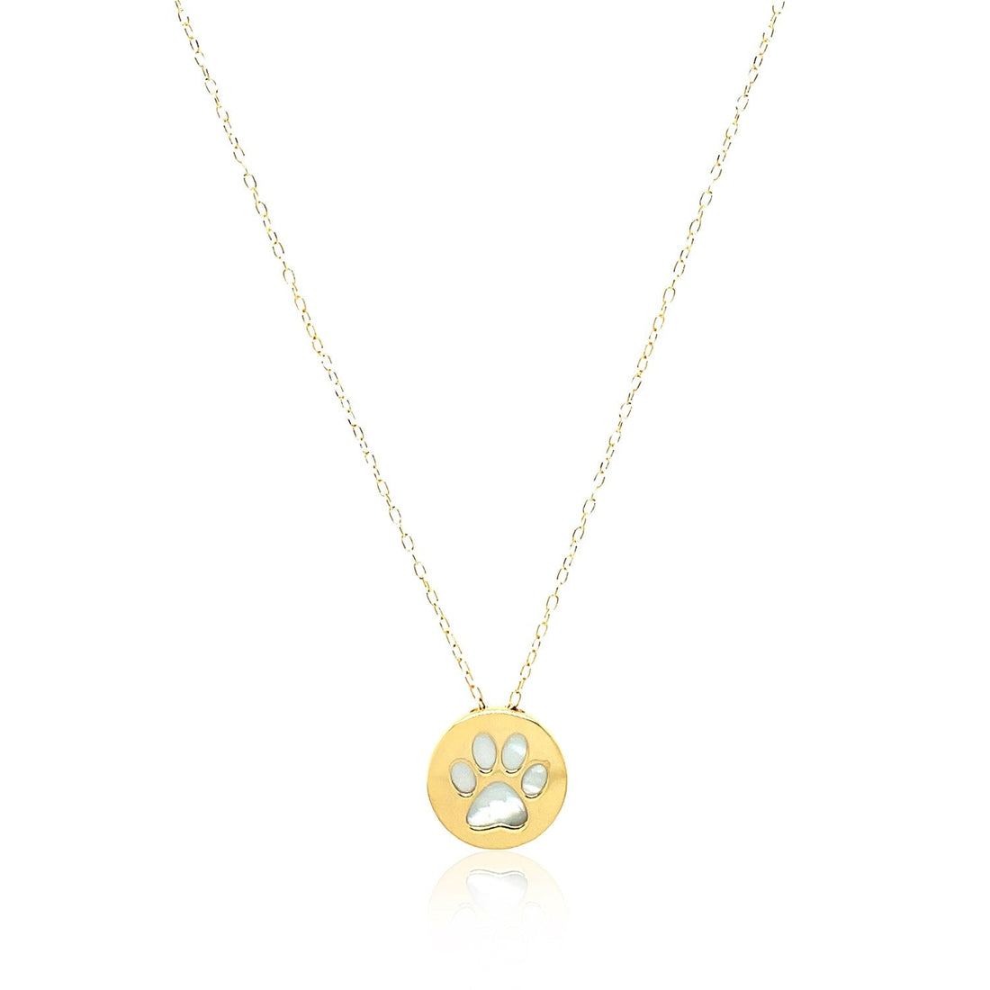 14k Yellow Gold Necklace with Dog Paw Print Symbol in Mother of Pearl - DestGlow