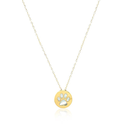 14k Yellow Gold Necklace with Dog Paw Print Symbol in Mother of Pearl - DestGlow