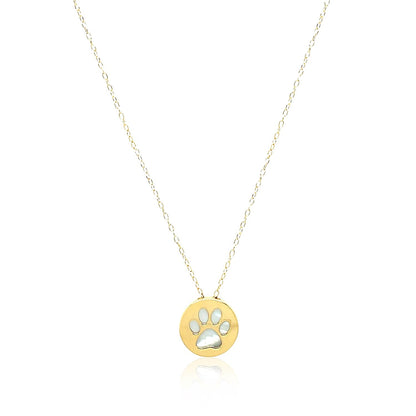14k Yellow Gold Necklace with Dog Paw Print Symbol in Mother of Pearl  DestGlow