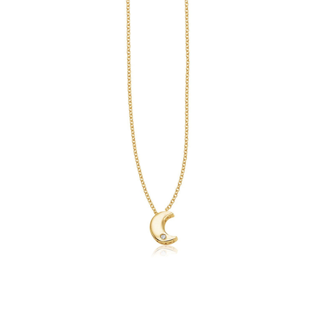 14k Yellow Gold Polished Moon Necklace with Diamond - necklaces