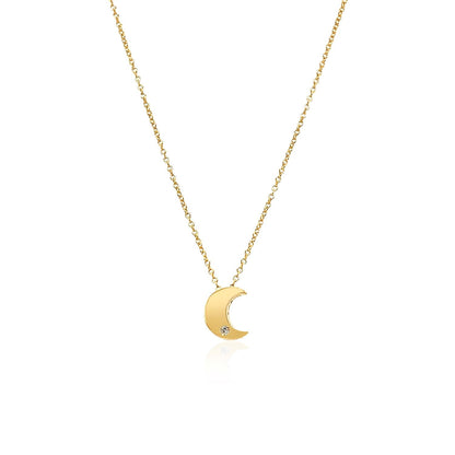 14k Yellow Gold Polished Moon Necklace with Diamond - DestGlow
