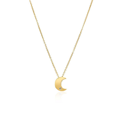 14k Yellow Gold Polished Moon Necklace with Diamond  DestGlow