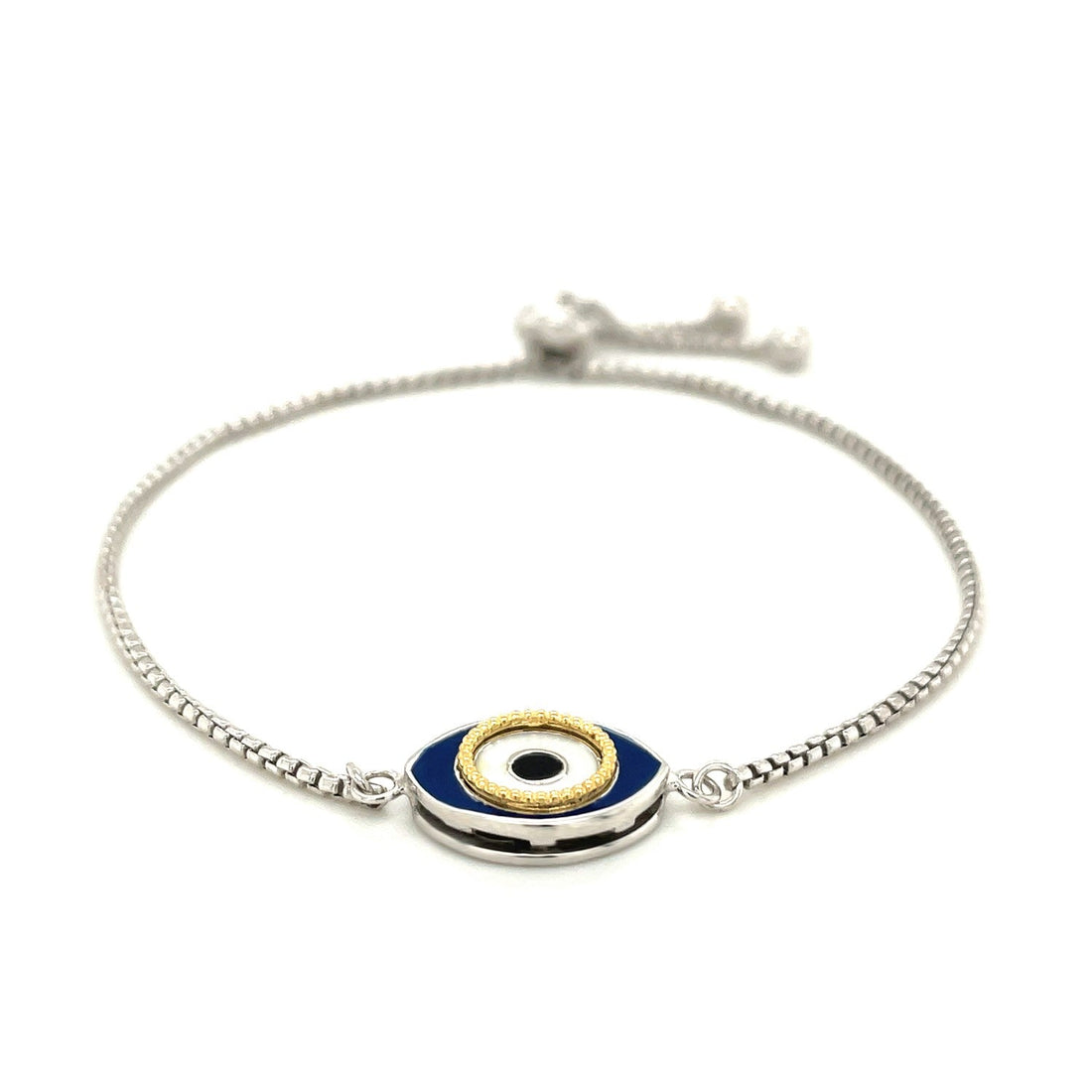 Sterling Silver Adjustable Two Toned Enameled Evil Eye Friendship Bracelet (1.00 mm) - DestGlow