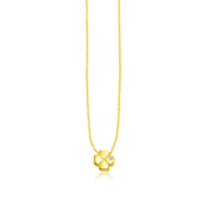 14k Yellow Gold Polished Four Leaf Clover Necklace with Diamond - necklaces