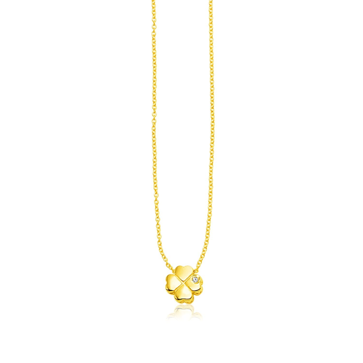 14k Yellow Gold Polished Four Leaf Clover Necklace with Diamond - necklaces