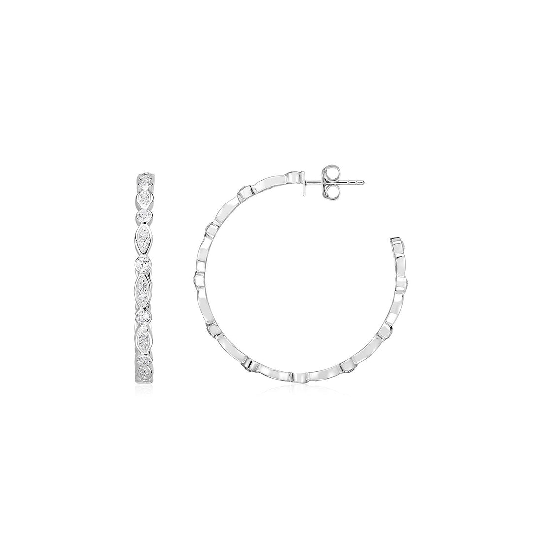 Sterling Silver Hoop Earrings with Round and Marquise Cubic Zirconias - DestGlow