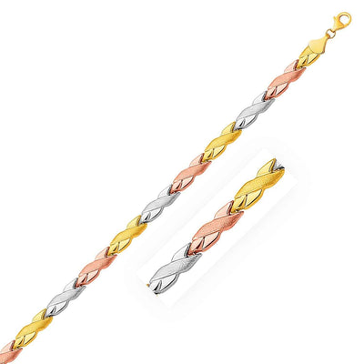 14k Tri-Color Gold Shiny and Textured X Link Bracelet (6.35 mm)