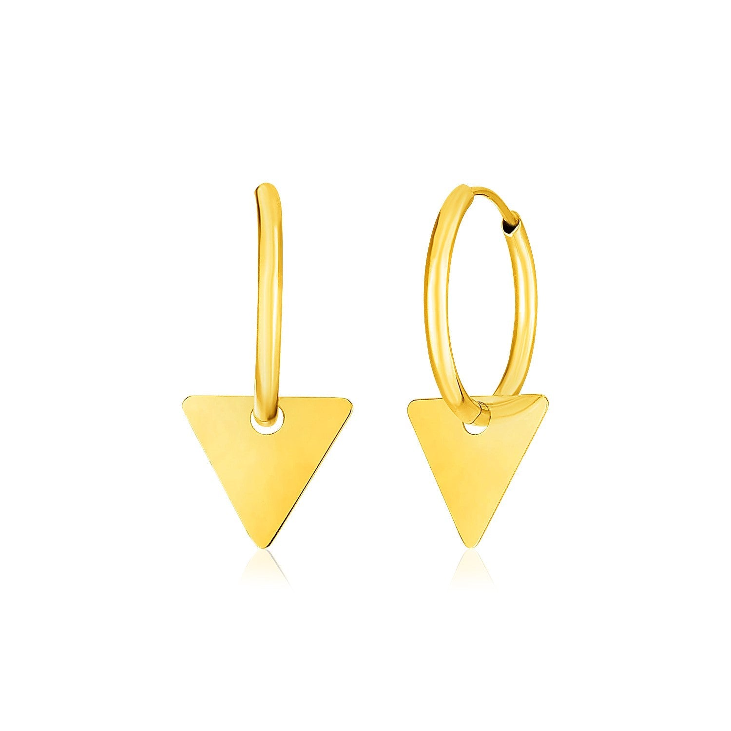 14k Yellow Gold Huggie Style Hoop Earrings with Triangle Drops - earrings
