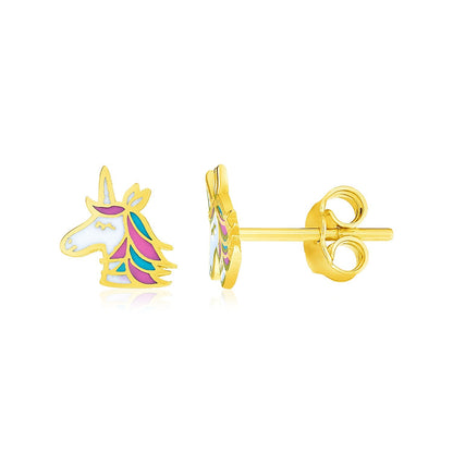 14k Yellow Gold Enameled Unicorn Childrens Earrings by Bids.com