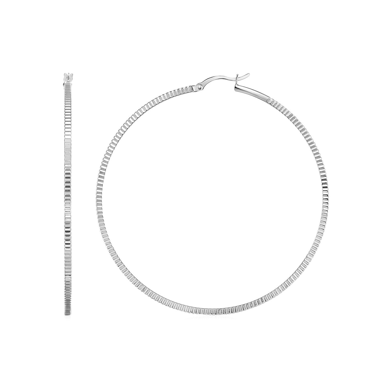 Ridge Textured Hoop Earrings in Sterling Silver(2x50mm) by Avera Group