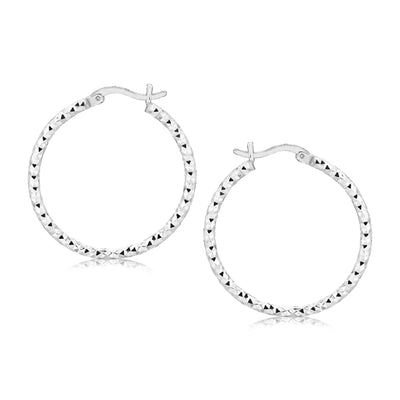 Sterling Silver Faceted Motif Hoop Earrings with Rhodium Plating(2x25mm) - DestGlow