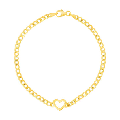 14k Yellow Gold 7 inch Curb Chain Bracelet with Heart - DestGlow