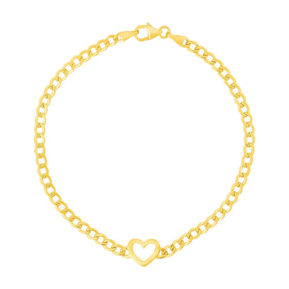14k Yellow Gold 7 inch Curb Chain Bracelet with Heart  DestGlow