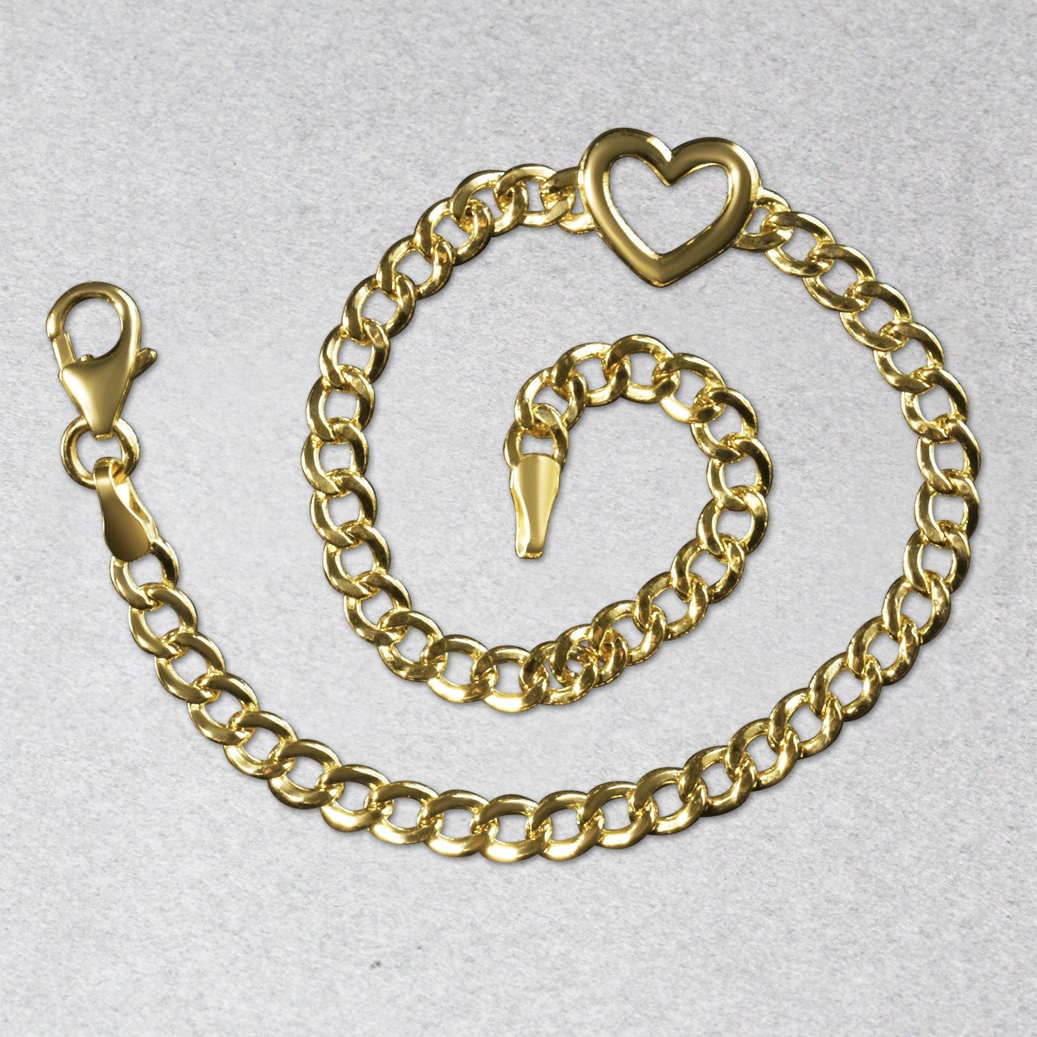 14k Yellow Gold 7 inch Curb Chain Bracelet with Heart - DestGlow