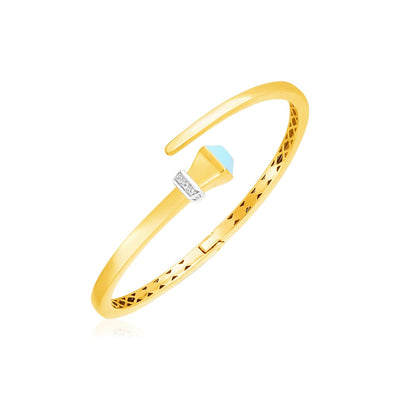 14k Yellow Gold Crossover Style Hinged Bangle Bracelet with Turquoise and Diamonds - bracelets