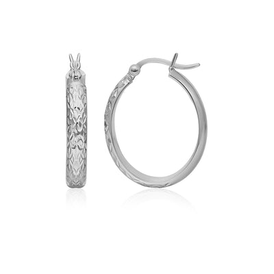 14k White Gold Hammered Oval Hoop Earrings - earrings