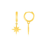 14k Yellow Gold Huggie Style Hoop Earrings with Star Drops - earrings
