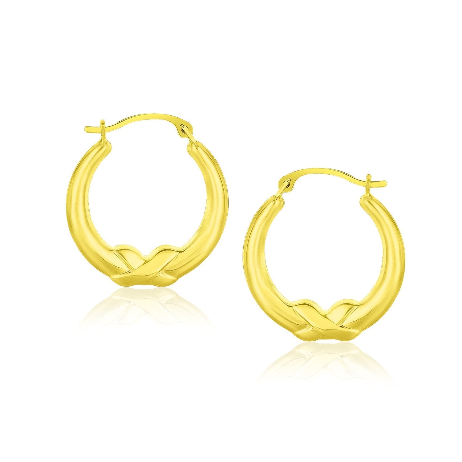 10k Yellow Gold X Motif Round Shape Hoop Earrings 
