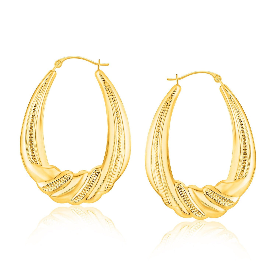 14k Yellow Gold Graduated Textured Oval Hoop Earrings - earrings