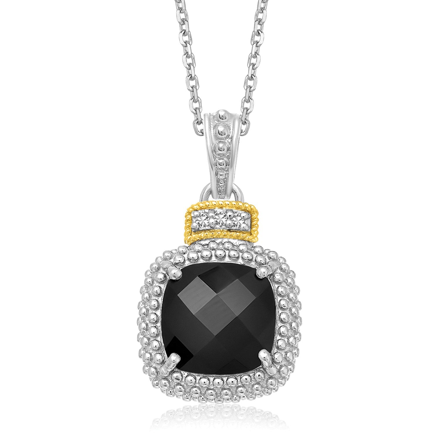 18k Yellow Gold &amp; Sterling Silver Popcorn Cushion Black Onyx and Diamond Pendant - DestGlow