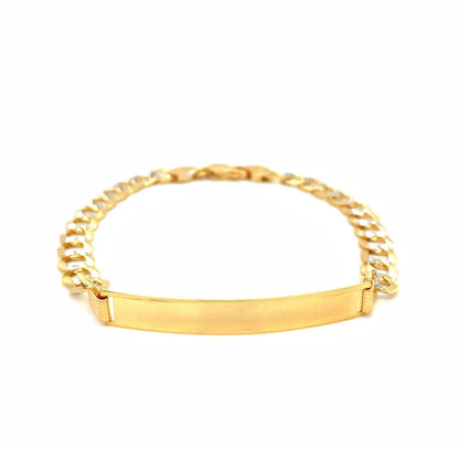 14k Two Tone Gold 8 1/2 inch Mens Narrow Curb Chain ID Bracelet with White Pave 