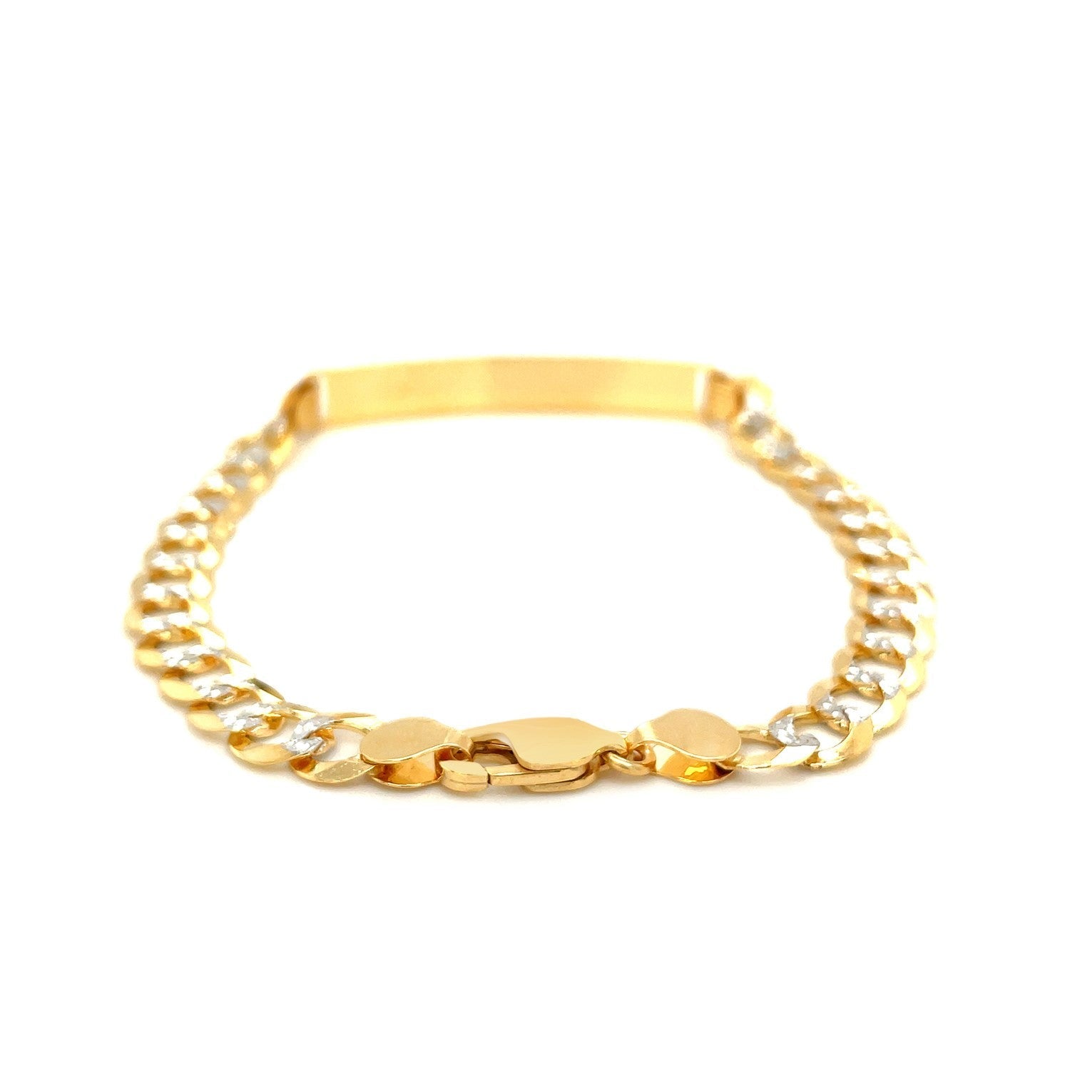 14k Two Tone Gold 8 1/2 inch Mens Narrow Curb Chain ID Bracelet with White Pave 