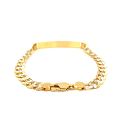 14k Two Tone Gold 8 1/2 inch Mens Narrow Curb Chain ID Bracelet with White Pave 