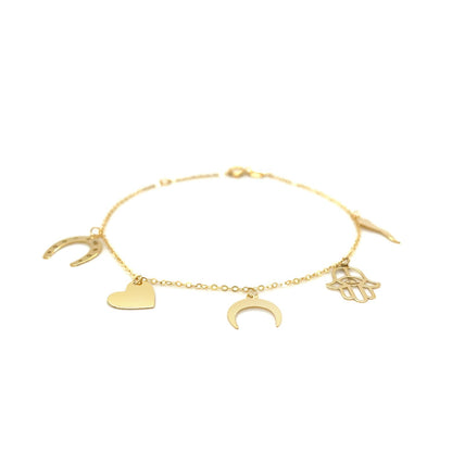 14k Yellow Gold 7 inch Bracelet with Polished Charms - DestGlow