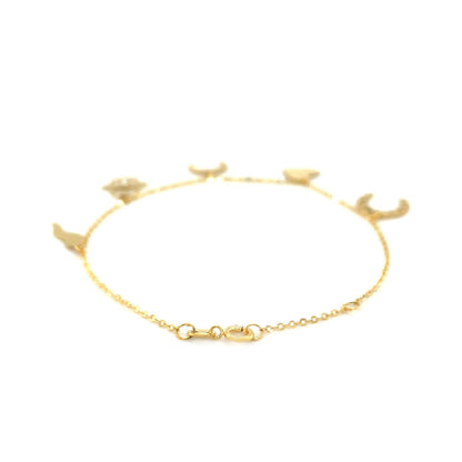 14k Yellow Gold 7 inch Bracelet with Polished Charms - DestGlow