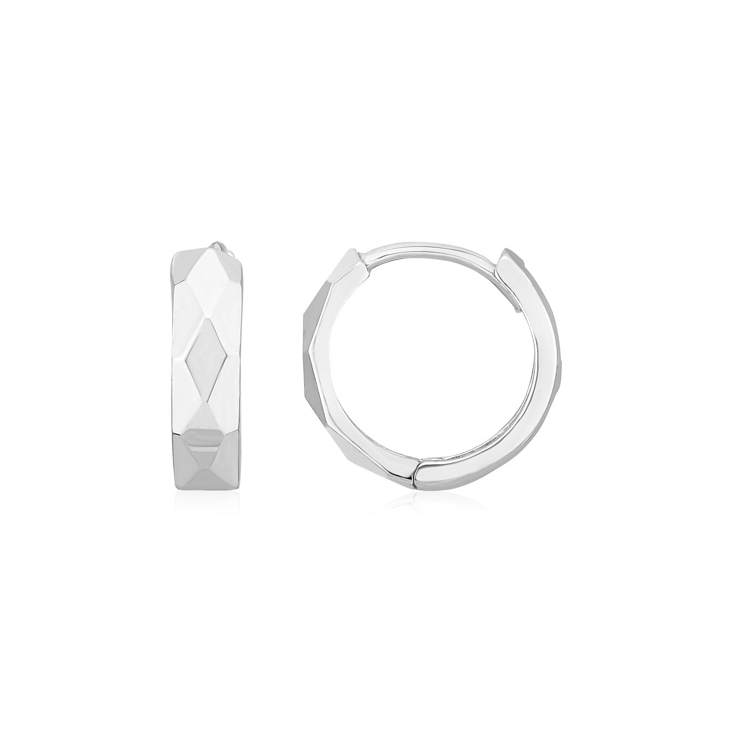 14K White Gold Diamond Motif Faceted Huggie Earrings  DestGlow