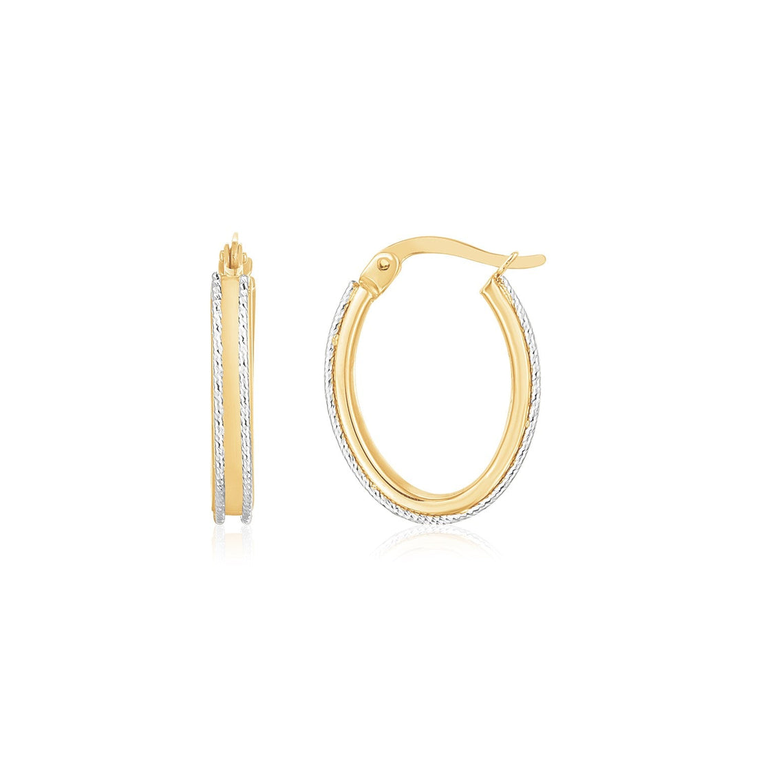 14K Two Tone Gold Diamond Cut Oval Hoop Earrings - earrings