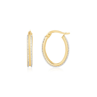 14K Two Tone Gold Diamond Cut Oval Hoop Earrings - earrings