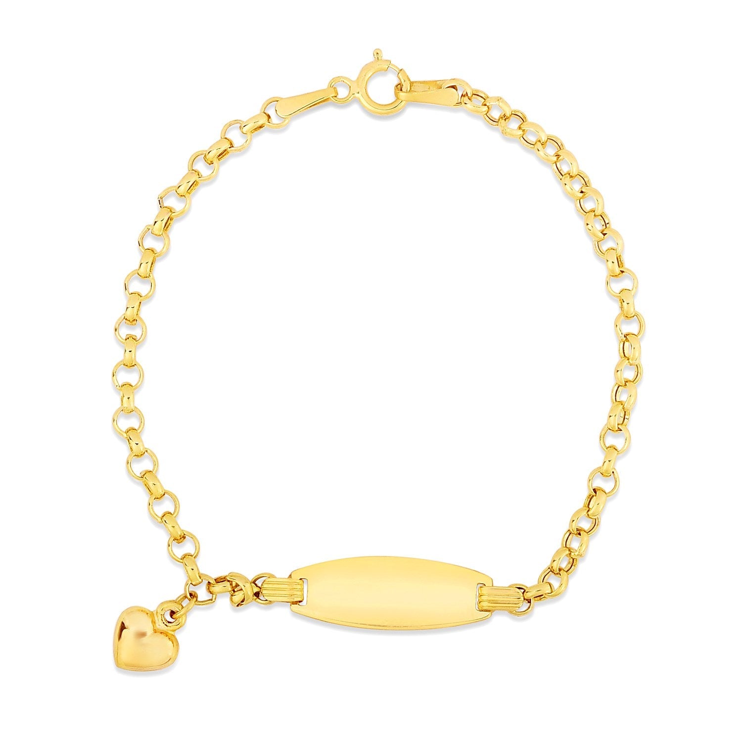 14k Yellow Gold Heart Accented Childrens Cable Chain ID Bracelet (6.35 mm) - DestGlow