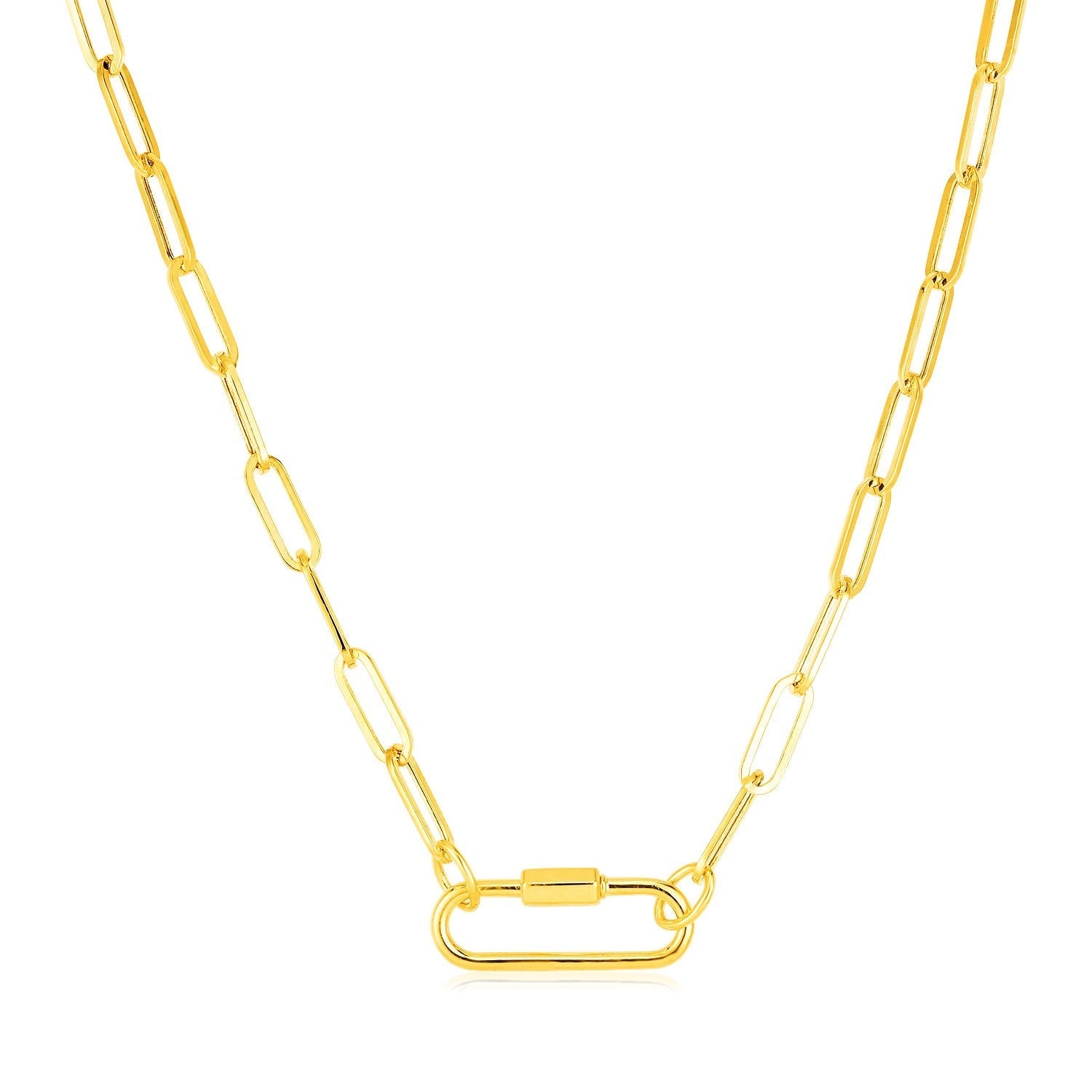 14k Yellow Gold Paperclip Chain Necklace with Oval Carabiner Clasp  DestGlow