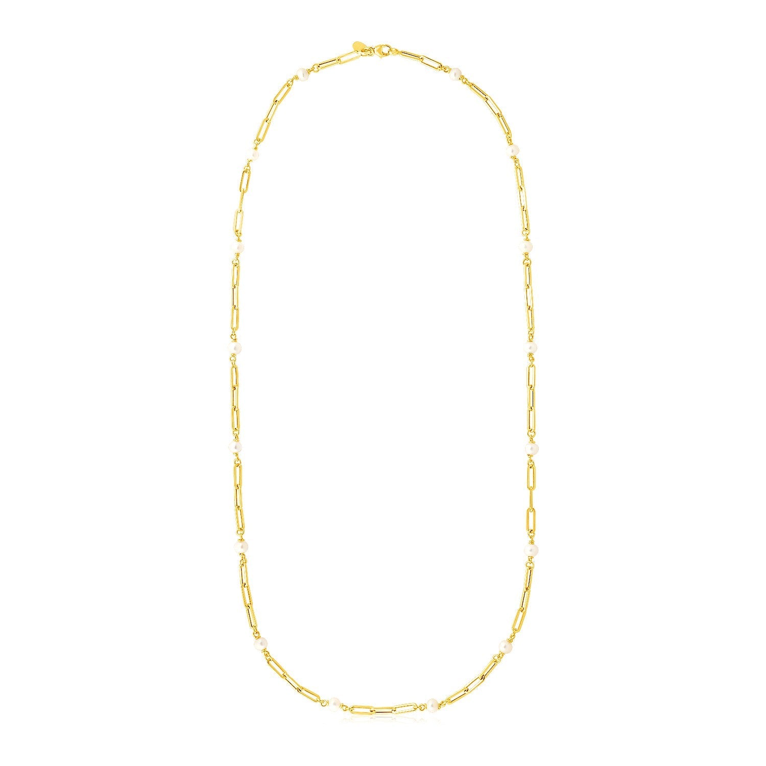 14k Yellow Gold Paperclip Chain and Pearl Necklace