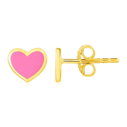 14k Yellow Gold and Enamel Pink Heart Stud Earrings 