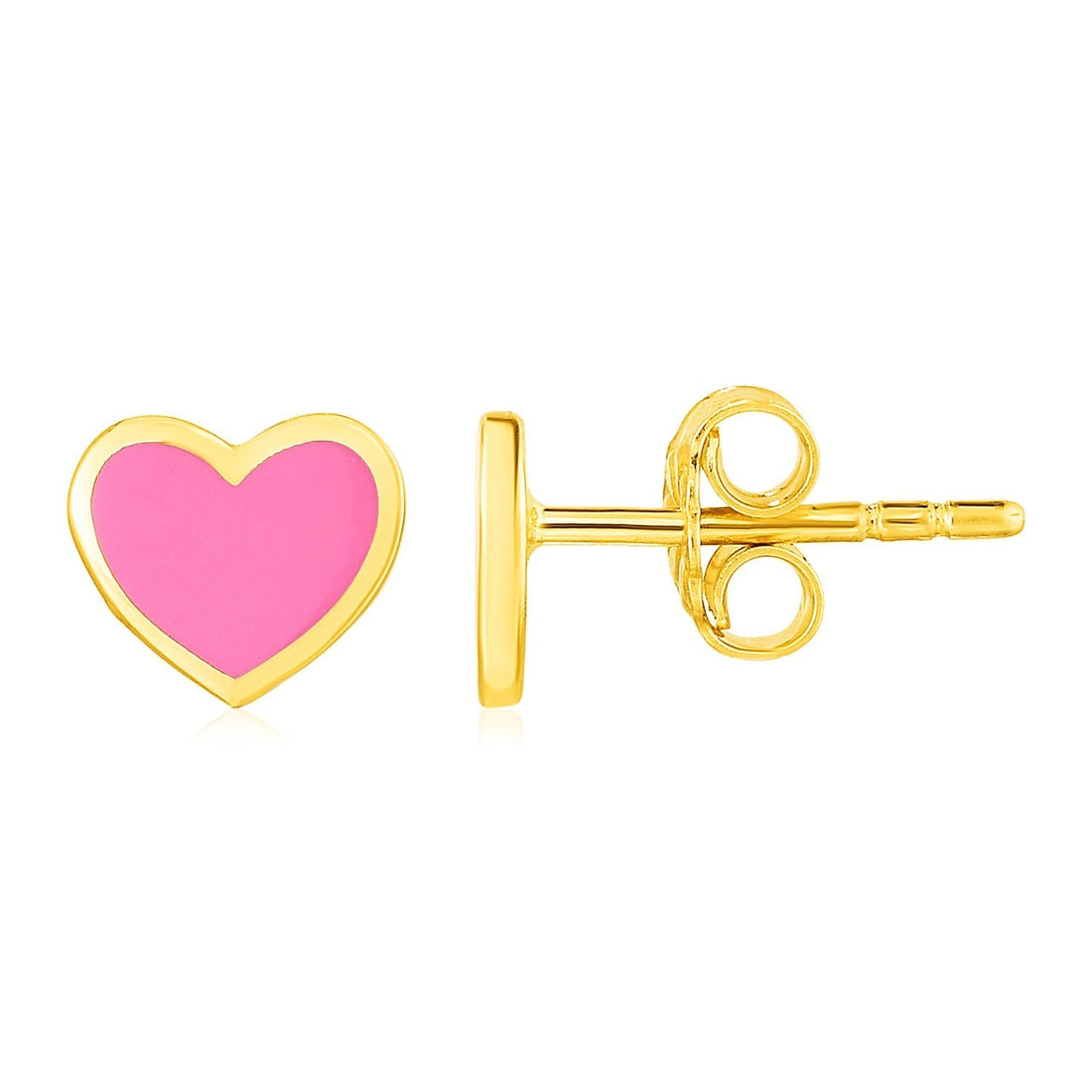 14k Yellow Gold and Enamel Pink Heart Stud Earrings 