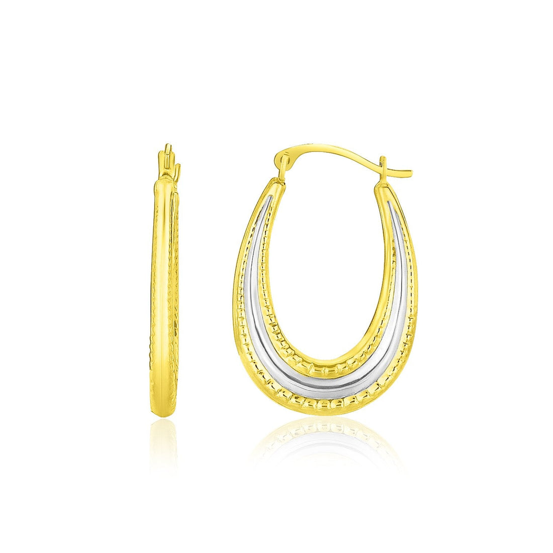 10k Two-Tone Gold Graduated Textured Oval Hoop Earrings - earrings