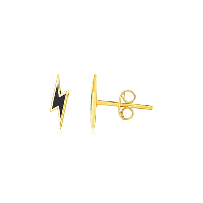 14k Yellow Gold and Enamel Black Lightning Bolt Stud Earrings - earrings