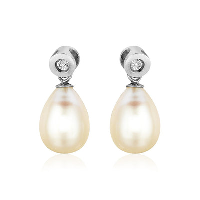 Sterling Silver Earrings with Pear Shaped Freshwater Pearls and Cubic Zirconias - DestGlow