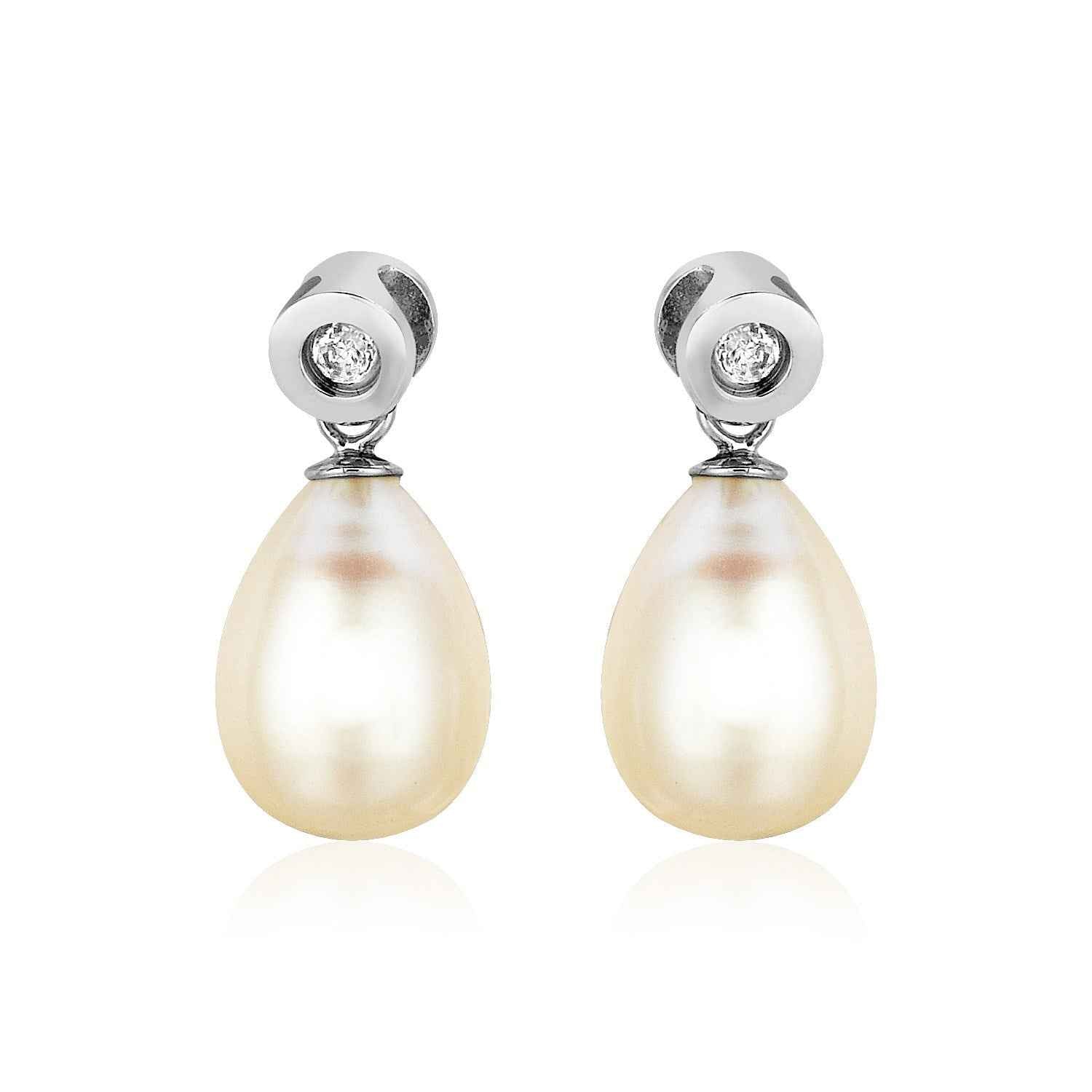 Sterling Silver Earrings with Pear Shaped Freshwater Pearls and Cubic Zirconias