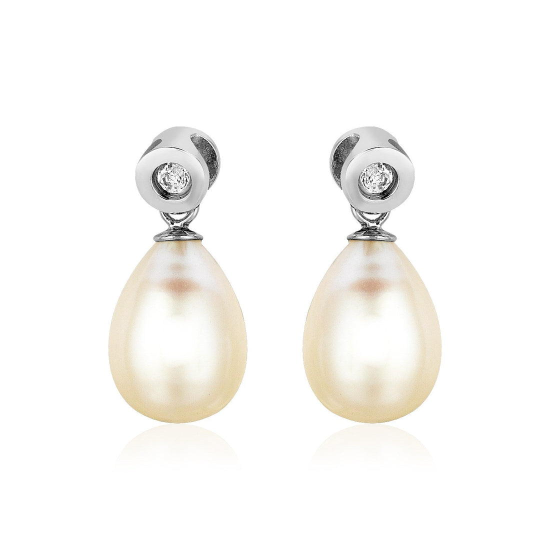 Sterling Silver Earrings with Pear Shaped Freshwater Pearls and Cubic Zirconias 