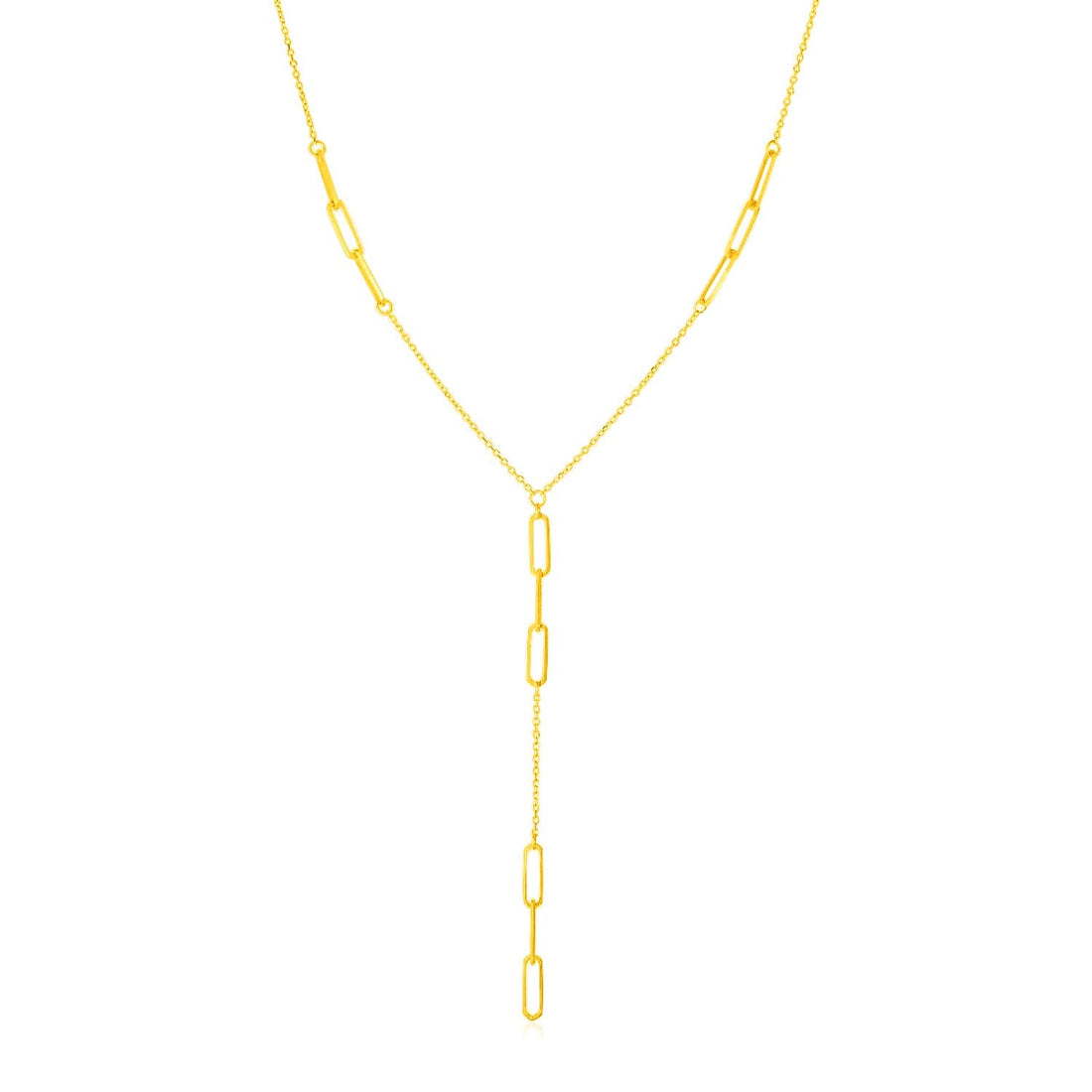 14K Yellow Gold Lariat Necklace with Paperclip Chain Stations - necklaces