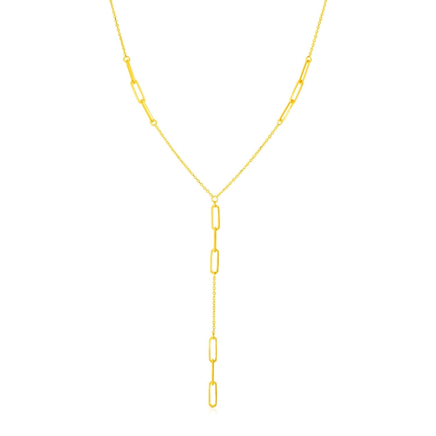 14K Yellow Gold Lariat Necklace with Paperclip Chain Stations - necklaces