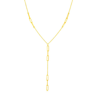 14K Yellow Gold Lariat Necklace with Paperclip Chain Stations - necklaces