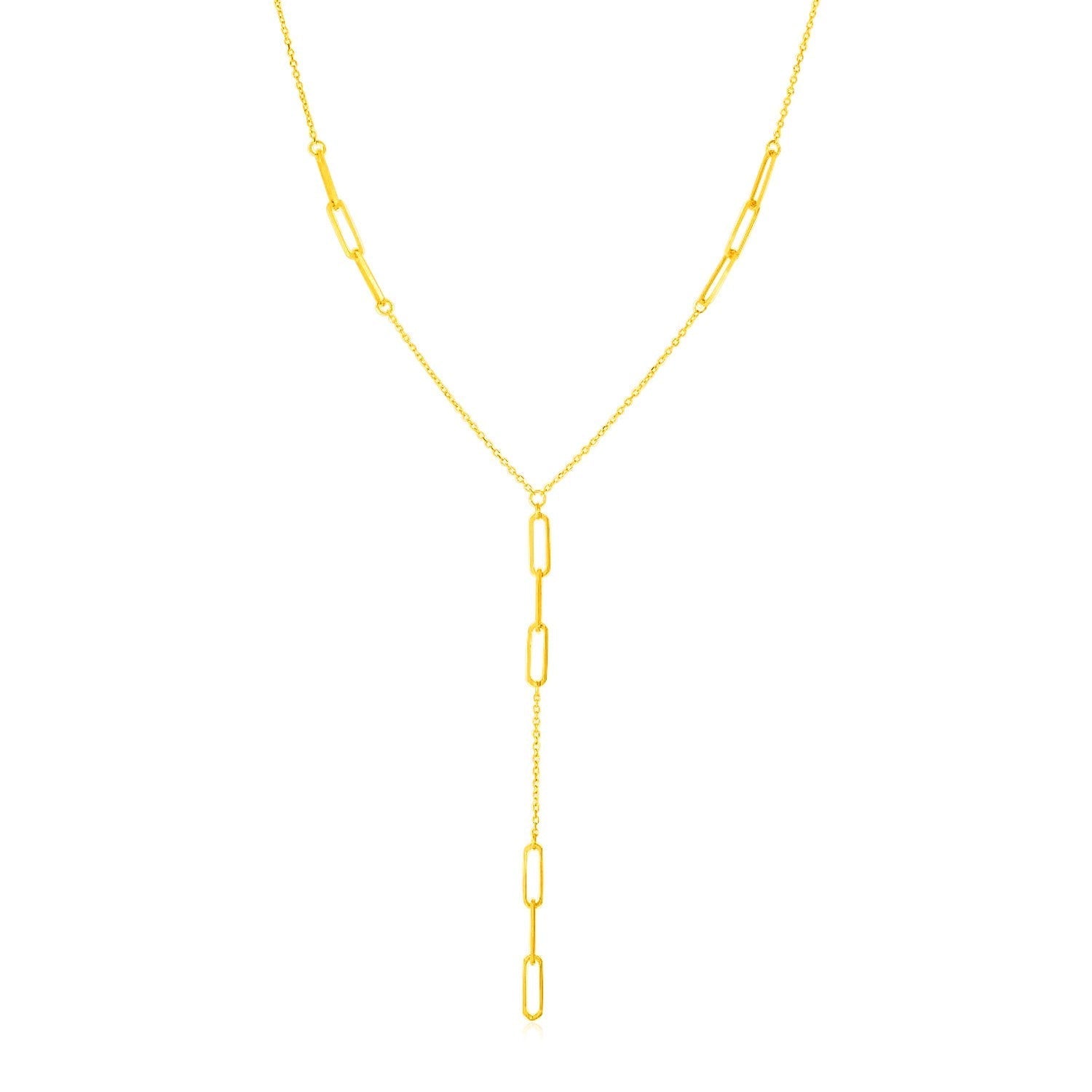 14K Yellow Gold Lariat Necklace with Paperclip Chain Stations 