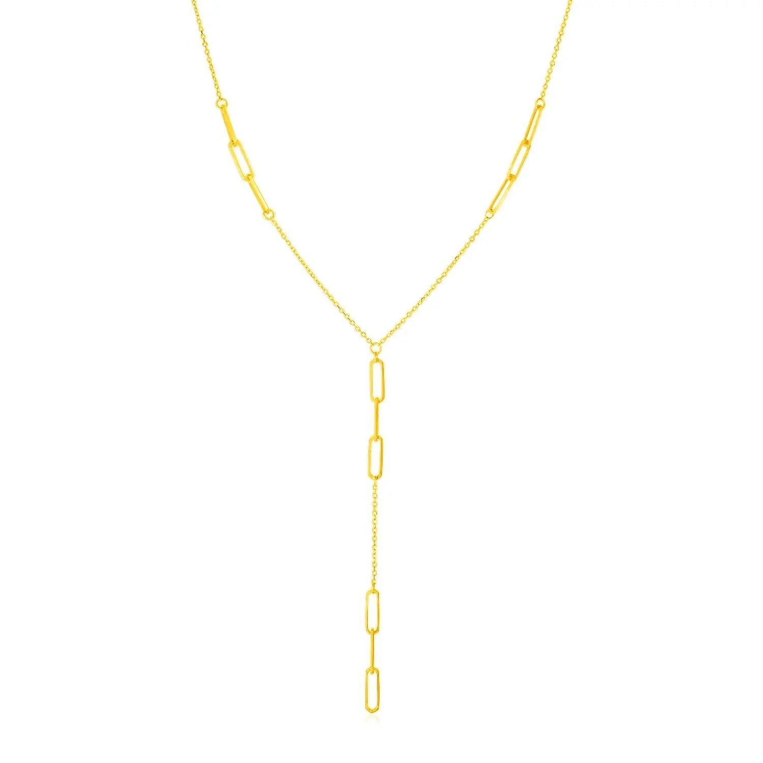 14K Yellow Gold Lariat Necklace with Paperclip Chain Stations 