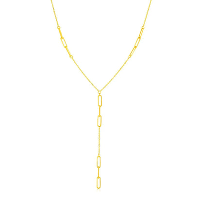 14K Yellow Gold Lariat Necklace with Paperclip Chain Stations 