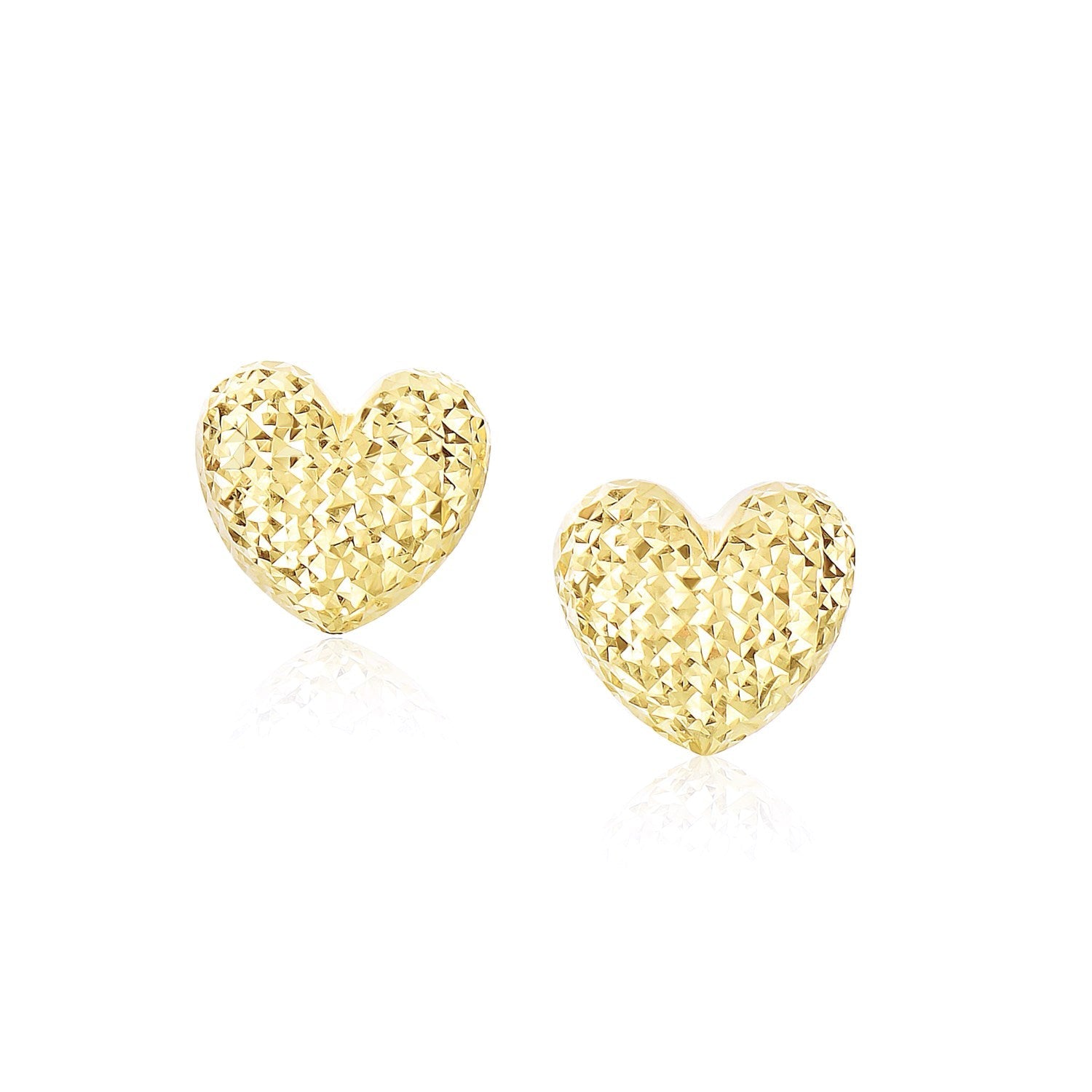 14 k Yellow Gold Puffed Heart Earrings with Diamond Cuts - accessories